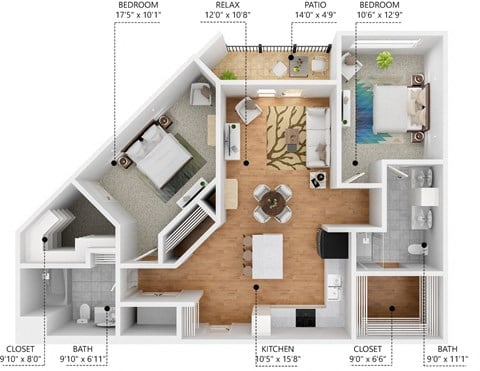Floor plan for 2 beds, 2 baths, 1111 sqft
